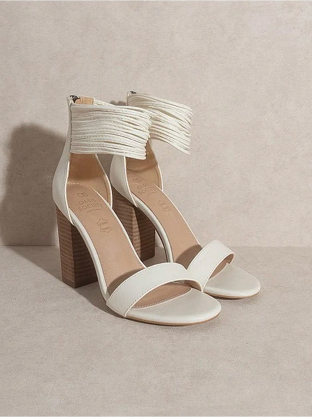 Strappy Cream Block Heel Sandals with Ankle Wrap